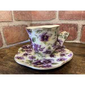 Vintage Violet Pansies Pattern Mini Cup with Butterfly Handle Cup and Saucer Set